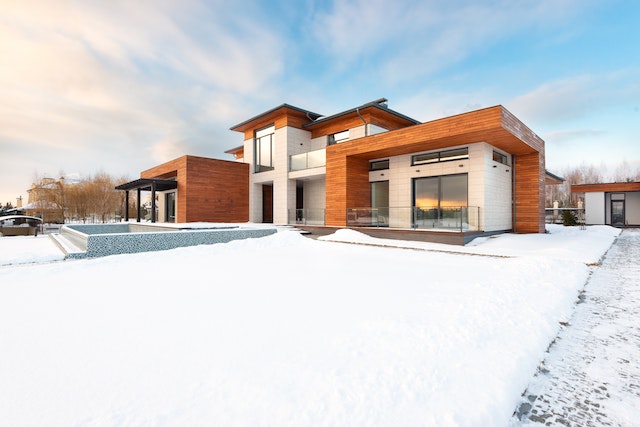A modern home during winter.