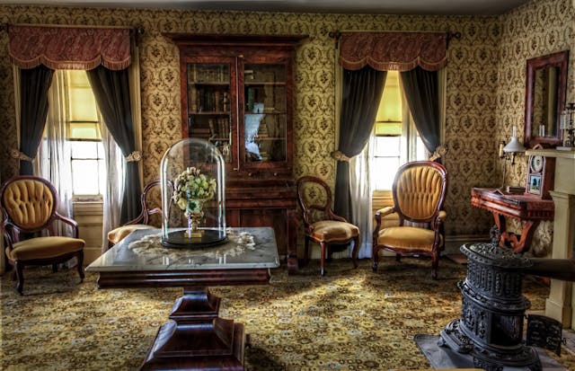 The lavish interior of a historic living room.